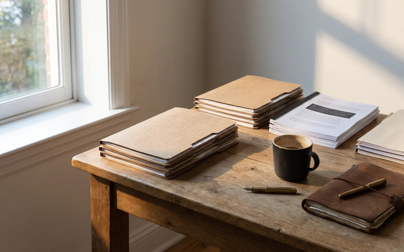 An editorial reading desk in a quiet Manila study, printed reports in considered light