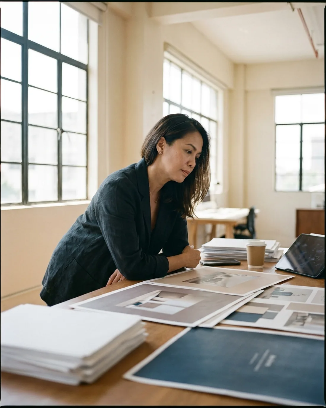 A senior CMO reviewing the work in a calm Manila boardroom