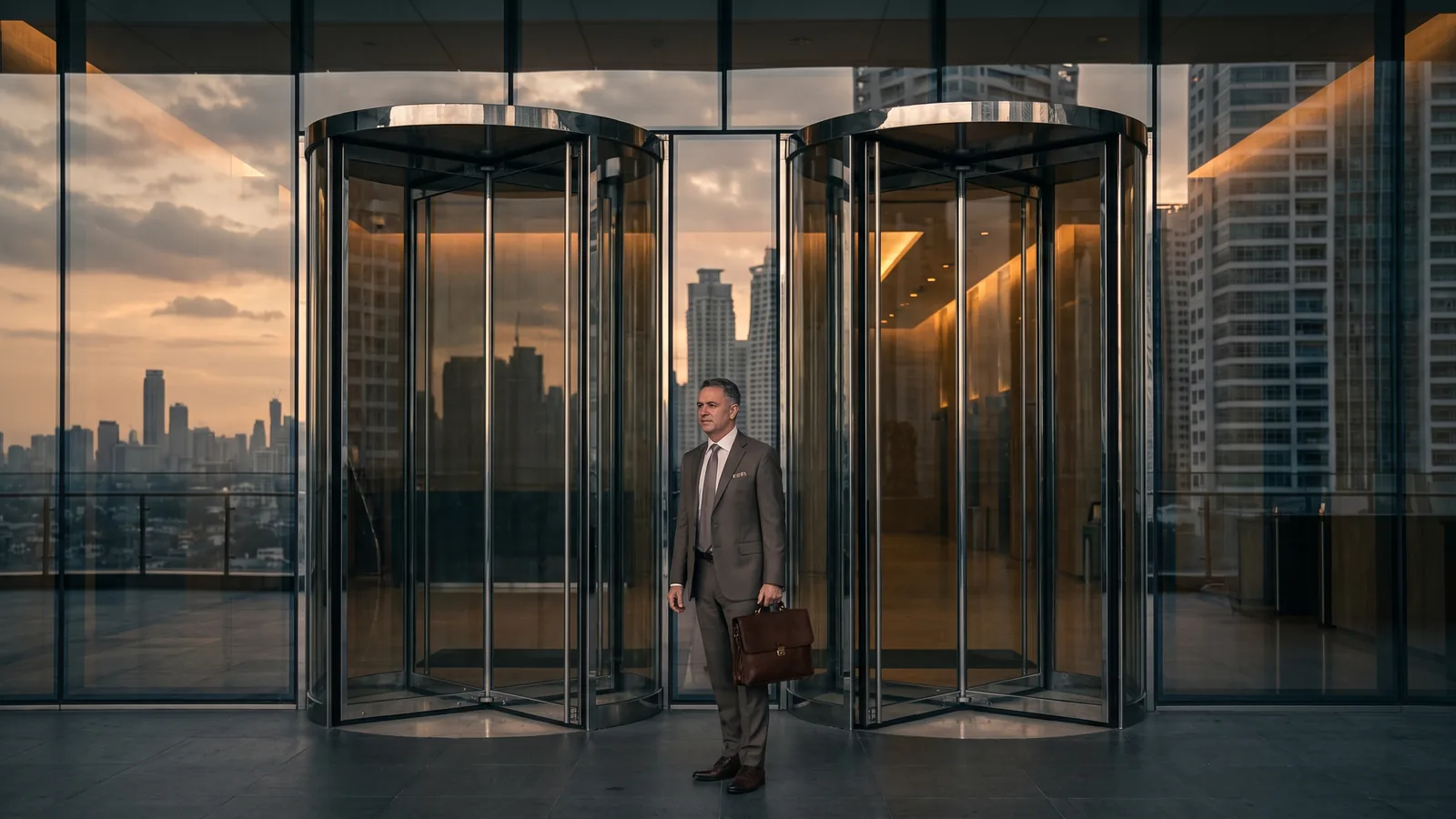A composed senior executive walking through a bright business-district atrium in Manila
