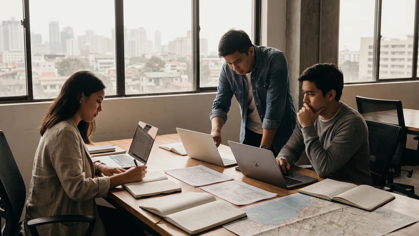 A founder and a senior executive reviewing work together in a bright workspace in Manila