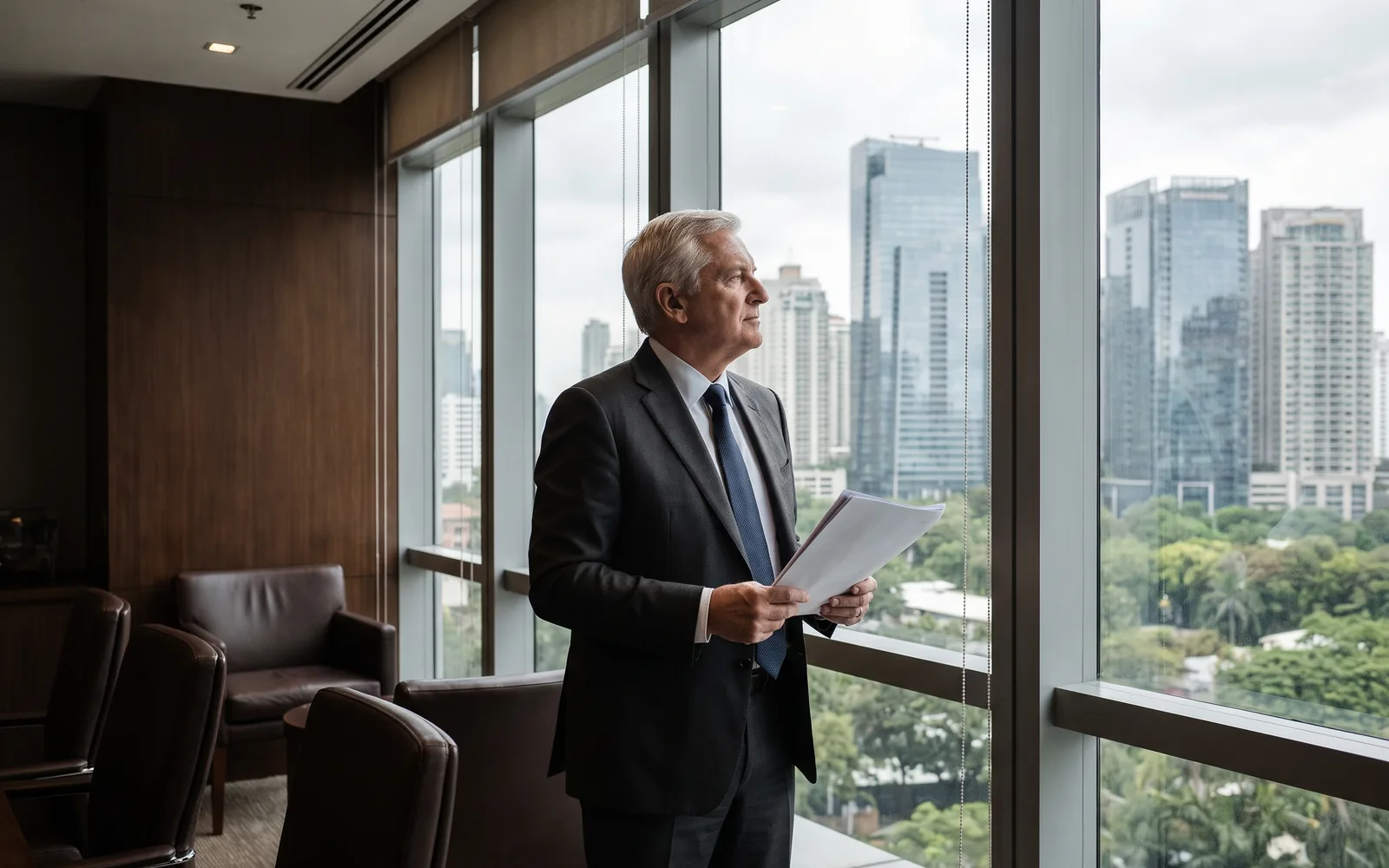 A senior executive in a calm, light-filled Manila office, the business district beyond the glass